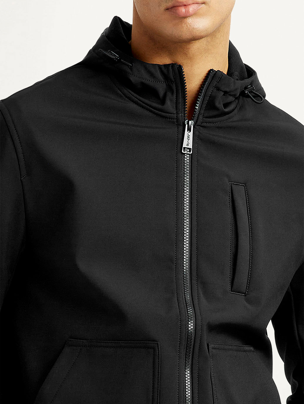 Men's Solid Black Windcheater Jacket - Detail View