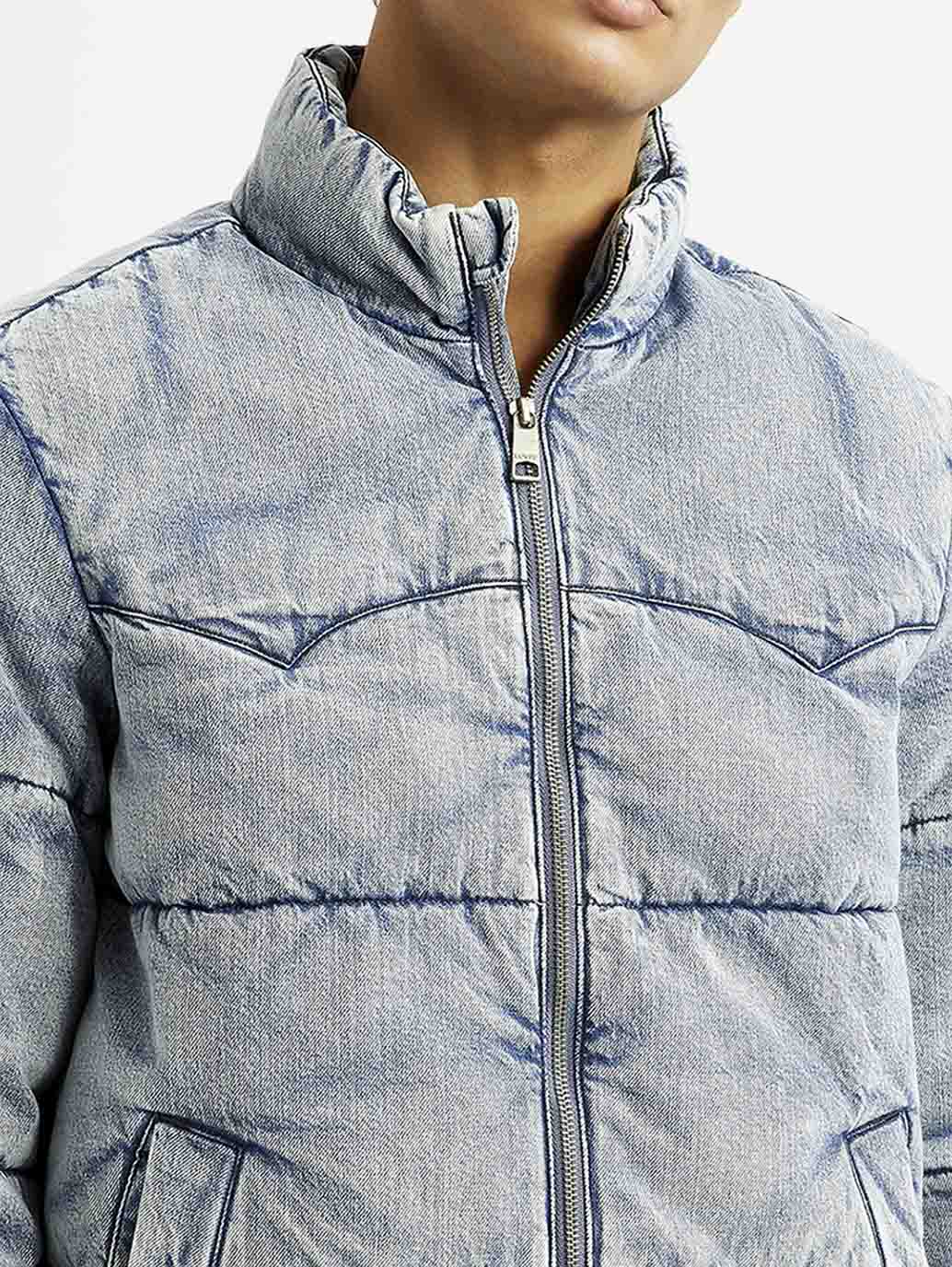 Men's Quilted Light Blue Puffer Jacket - Detail View