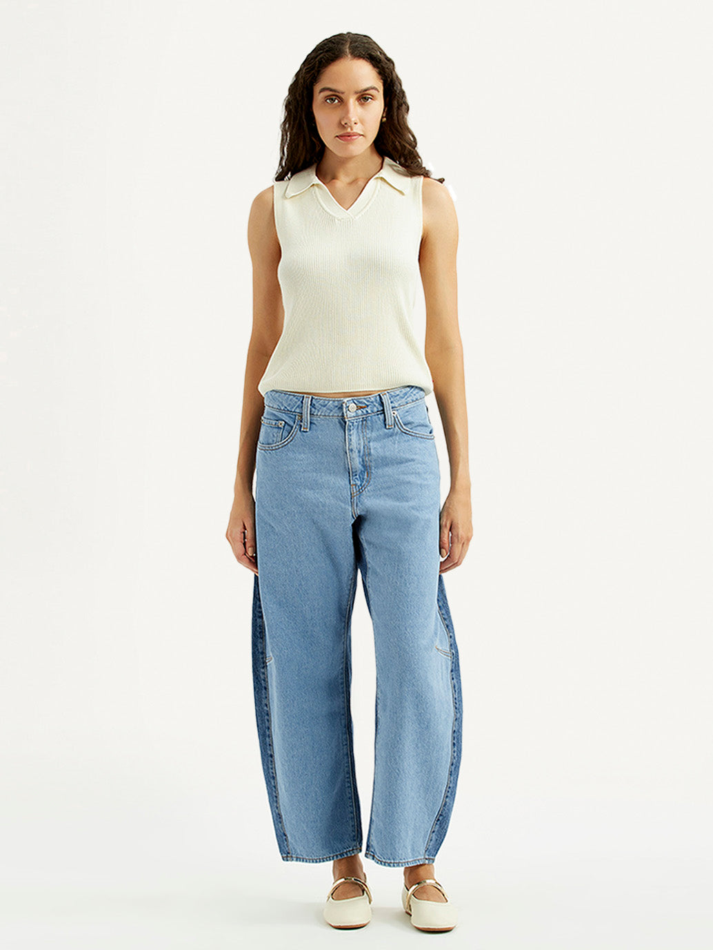 Women's Light Blue Baggy Dad Barrel Fit Mid Rise Jeans - Front View