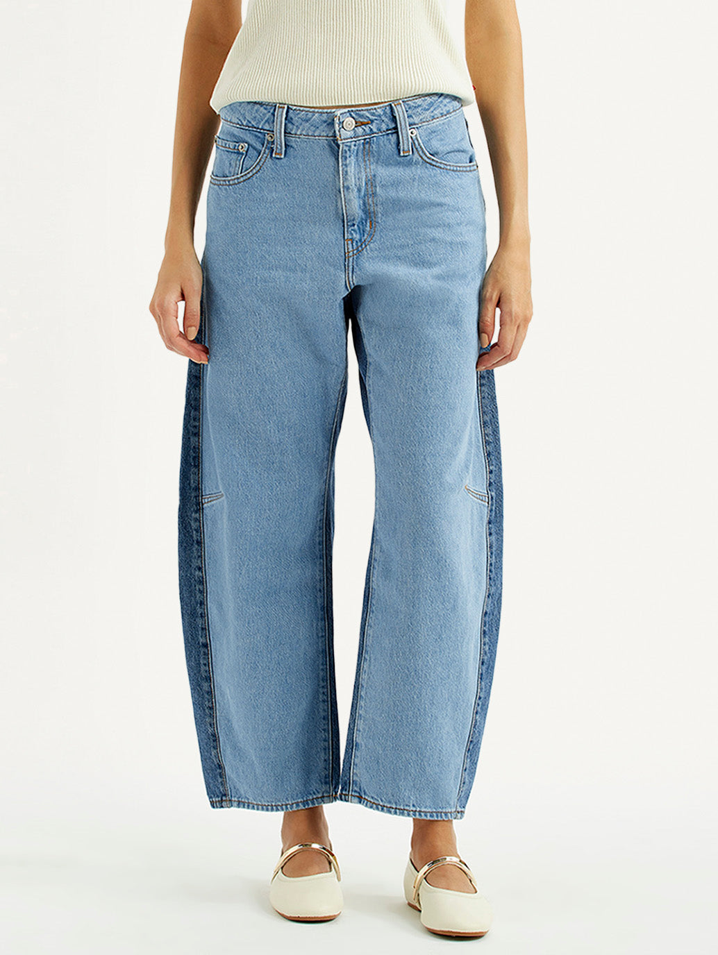 Women's Light Blue Baggy Dad Barrel Fit Mid Rise Jeans - Front View