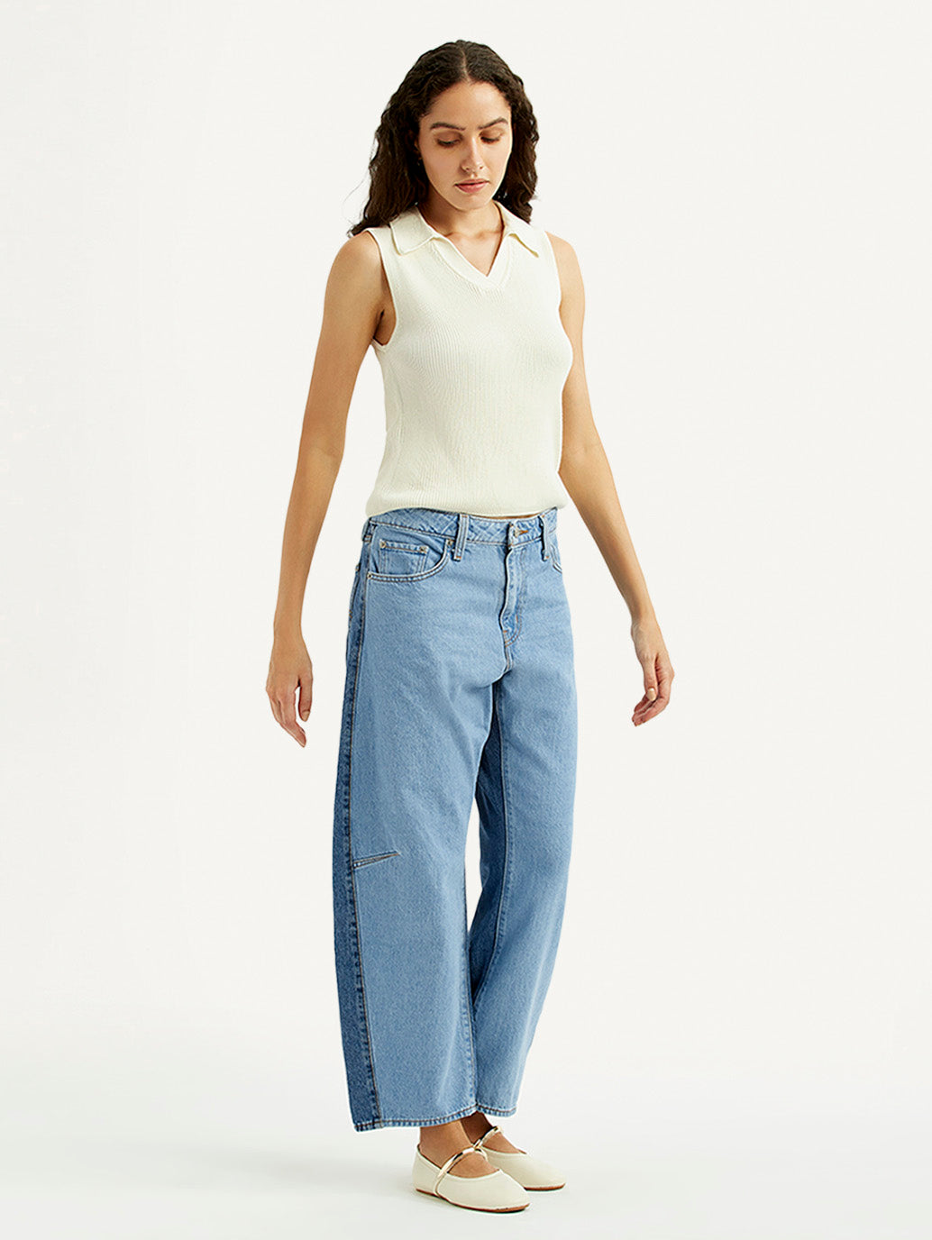Women's Light Blue Baggy Dad Barrel Fit Mid Rise Jeans - Side View