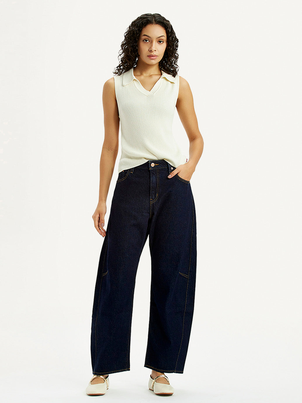 Women's Dark Blue Barrel Loose Fit Mid Rise Jeans