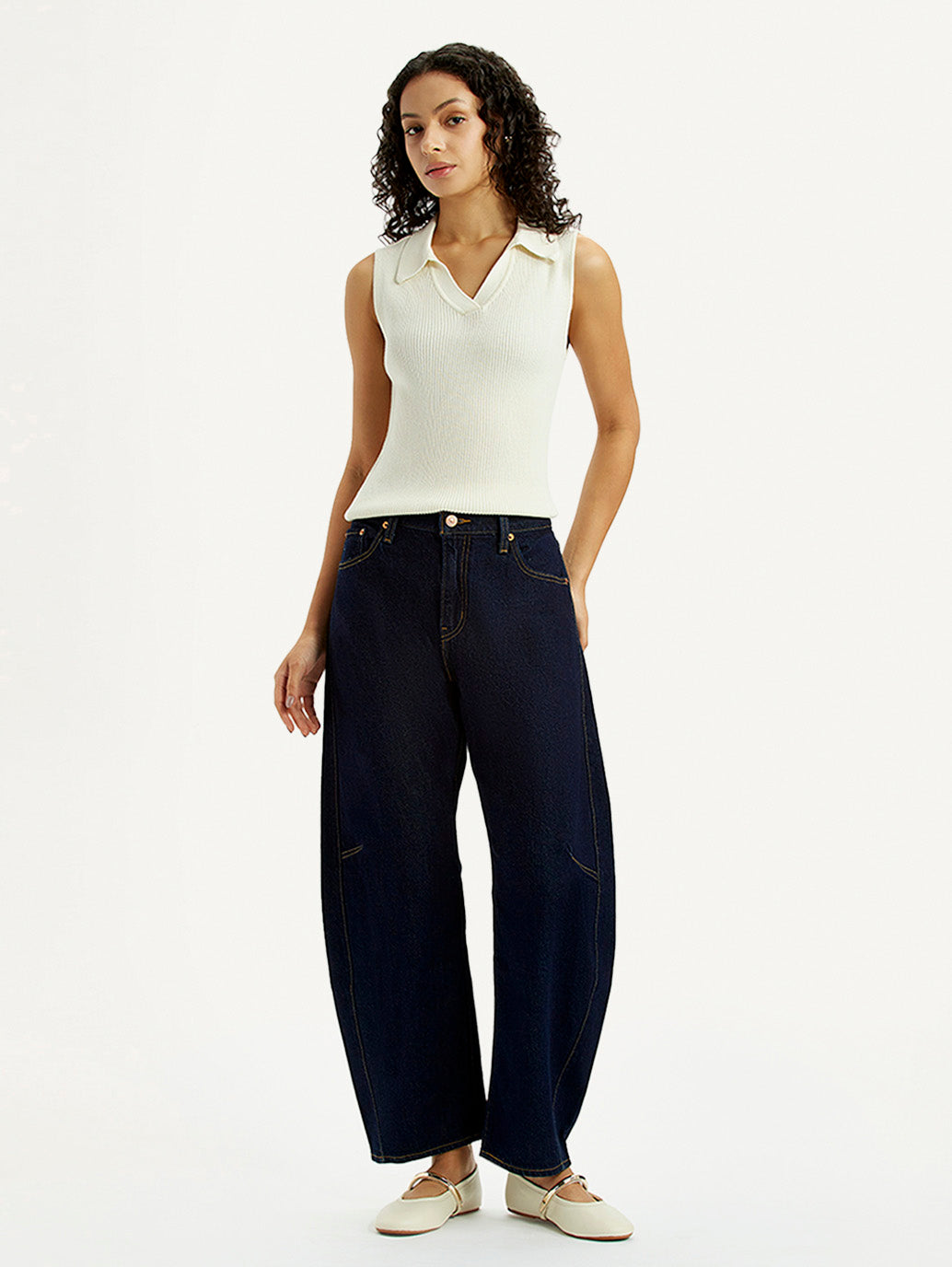 Women's Dark Blue Barrel Loose Fit Mid Rise Jeans - Front View