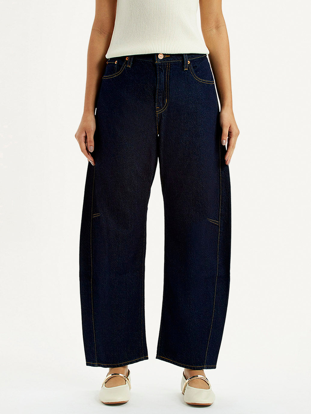 Women's Dark Blue Barrel Loose Fit Mid Rise Jeans - Front View