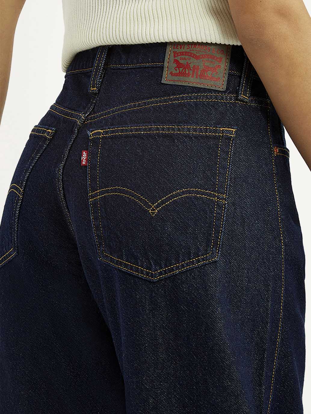 Women's Dark Blue Barrel Loose Fit Mid Rise Jeans - Detail View