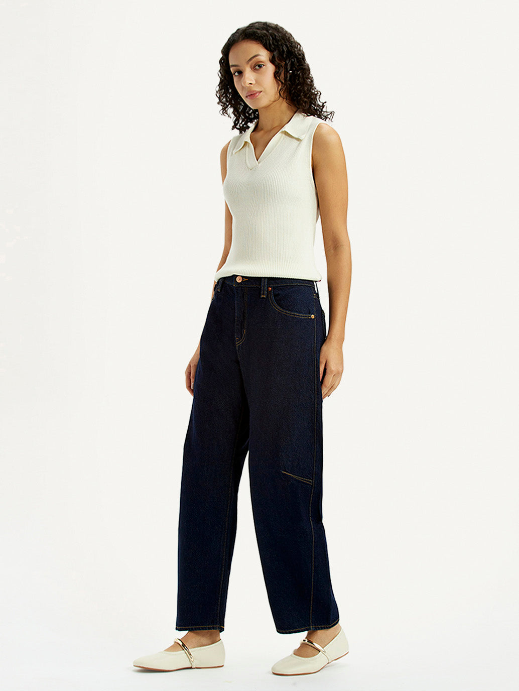 Women's Dark Blue Barrel Loose Fit Mid Rise Jeans - Side View