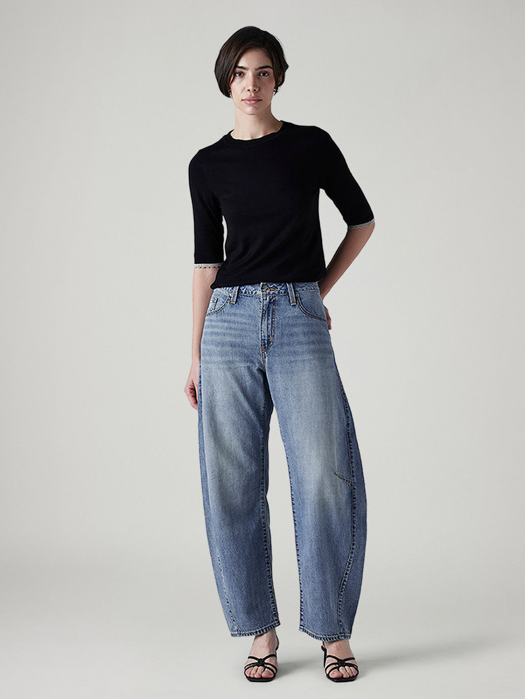Women's Med Indigo Baggy Dad Barrel Loose Fit Mid Rise Jeans - Front View