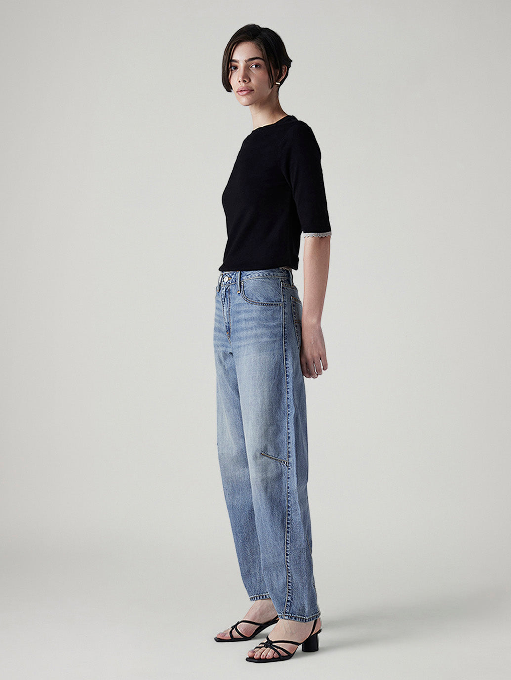 Women's Med Indigo Baggy Dad Barrel Loose Fit Mid Rise Jeans - Side View