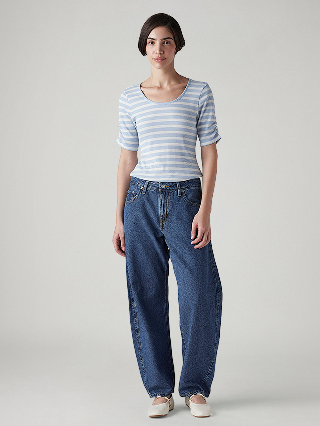 Women's Med Indigo Baggy Dad Barrel Loose Fit Mid Rise Jeans - Front View