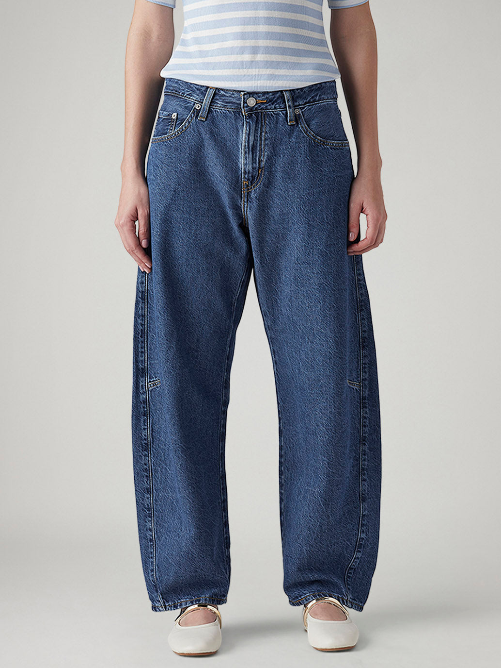 Women's Med Indigo Baggy Dad Barrel Loose Fit Mid Rise Jeans - Front View