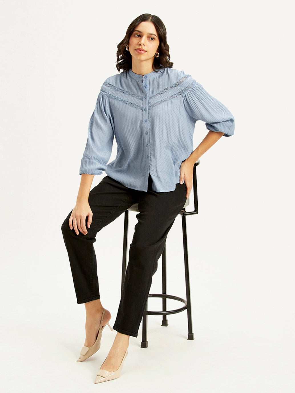 Women's Self Design Blue Mandarin Collar Top - Styleshot View