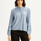 Women's Self Design Blue Mandarin Collar Top - Front View