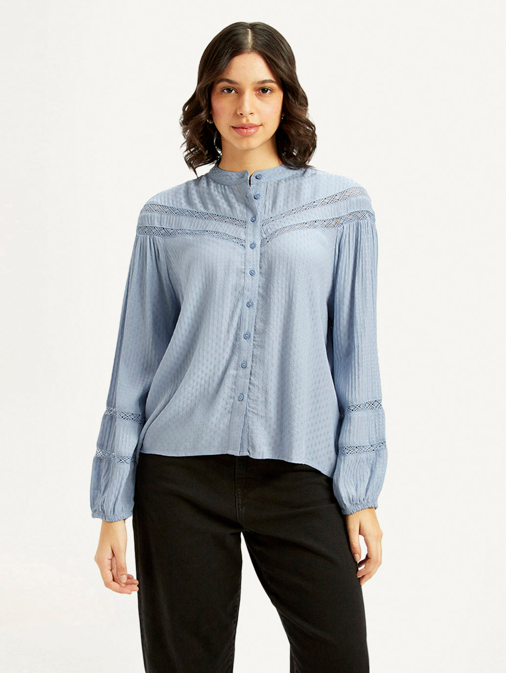 Women's Self Design Blue Mandarin Collar Top - Front View