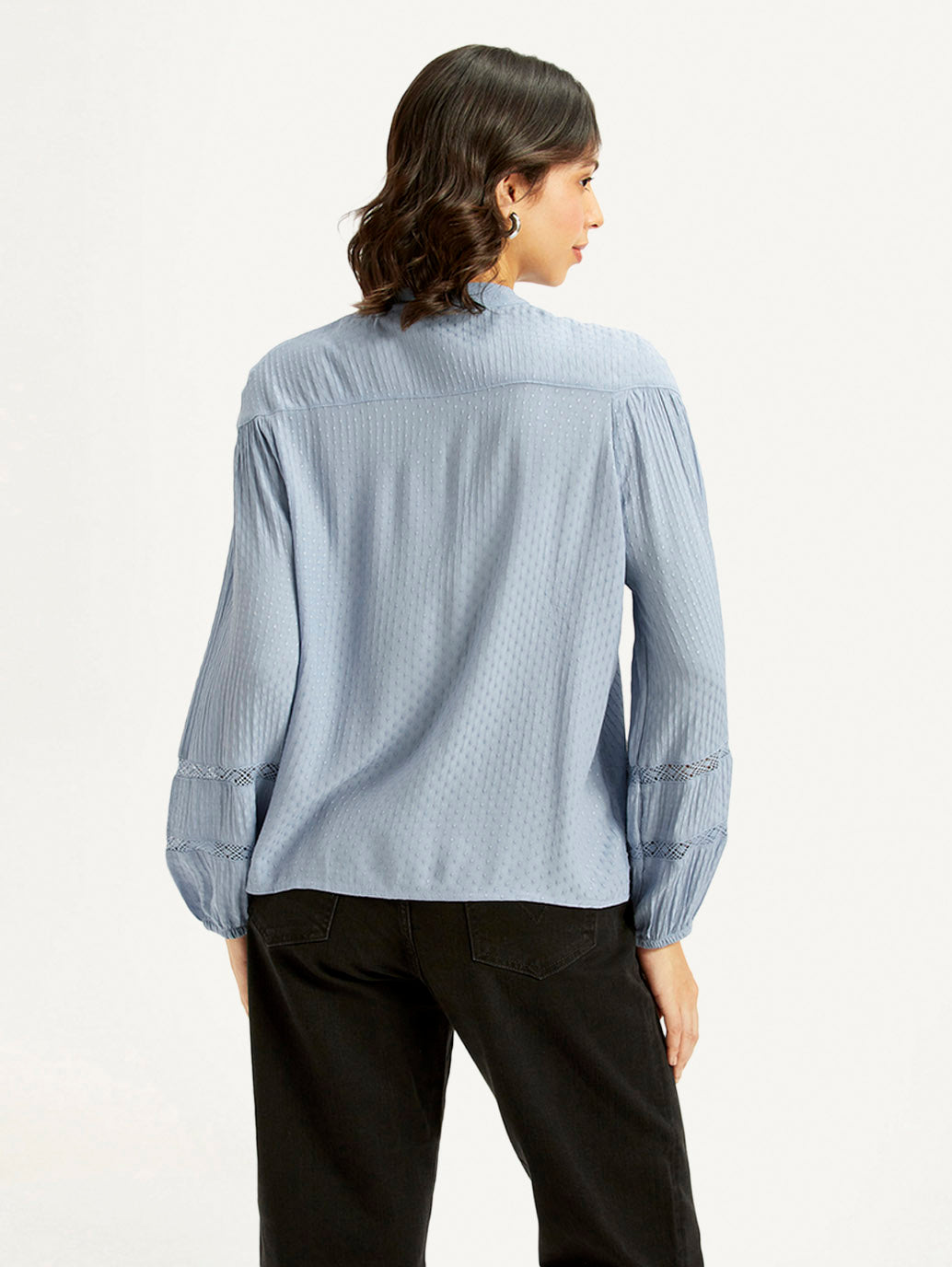 Women's Self Design Blue Mandarin Collar Top - Back View