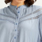 Women's Self Design Blue Mandarin Collar Top - Detail View