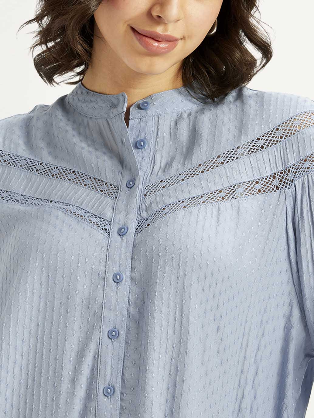 Women's Self Design Blue Mandarin Collar Top - Detail View