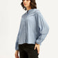 Women's Self Design Blue Mandarin Collar Top - Side View
