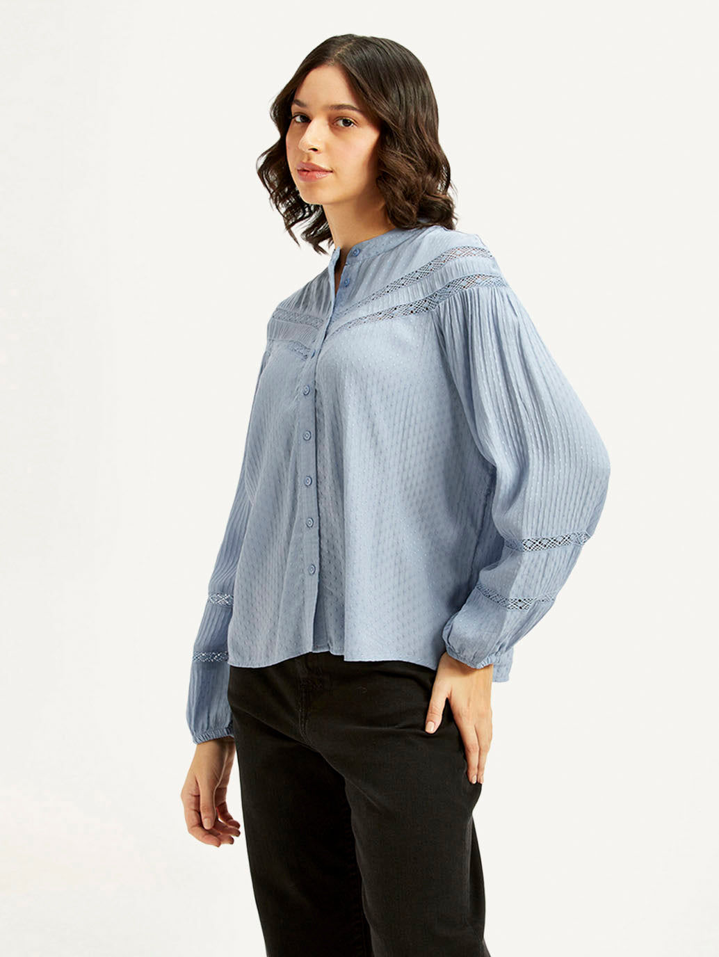 Women's Self Design Blue Mandarin Collar Top - Side View
