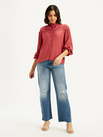 Women's Self Design Red Mandarin Collar Top
