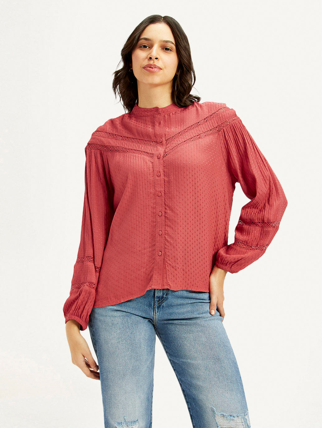 Women's Self Design Red Mandarin Collar Top - Front View