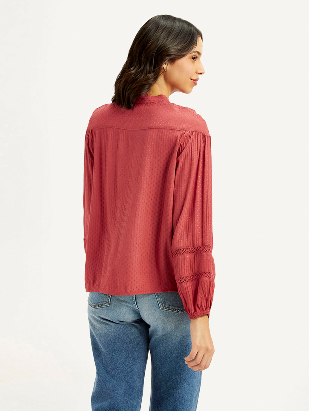 Women's Self Design Red Mandarin Collar Top - back View
