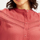 Women's Self Design Red Mandarin Collar Top - Detail View