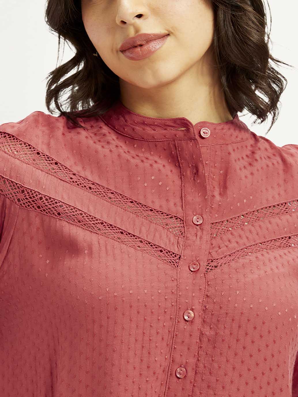 Women's Self Design Red Mandarin Collar Top - Detail View