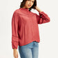 Women's Self Design Red Mandarin Collar Top - Side View