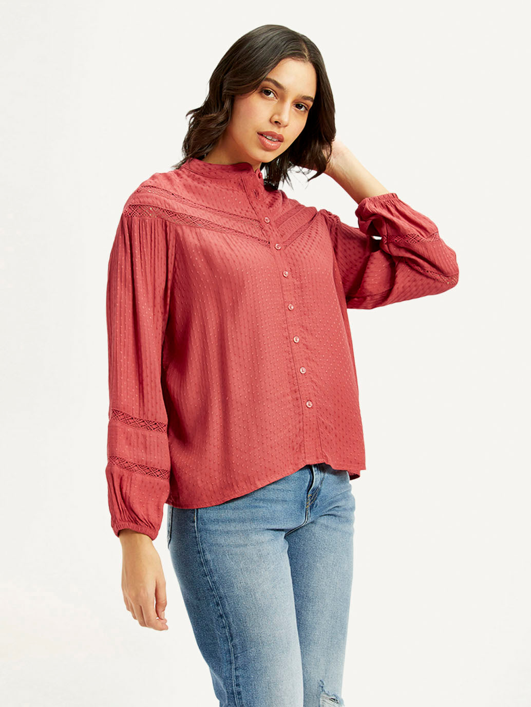 Women's Self Design Red Mandarin Collar Top - Side View