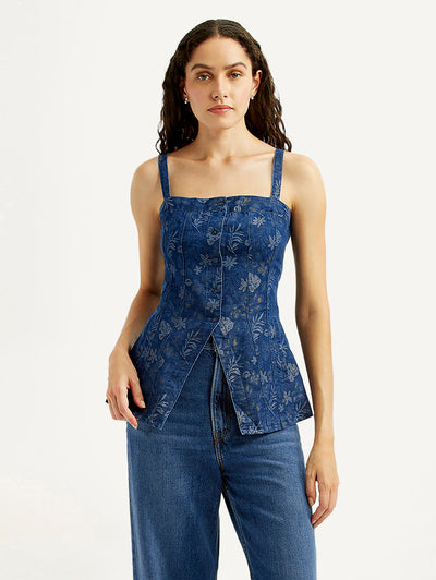 Women's Floral Indigo Square Neck Top