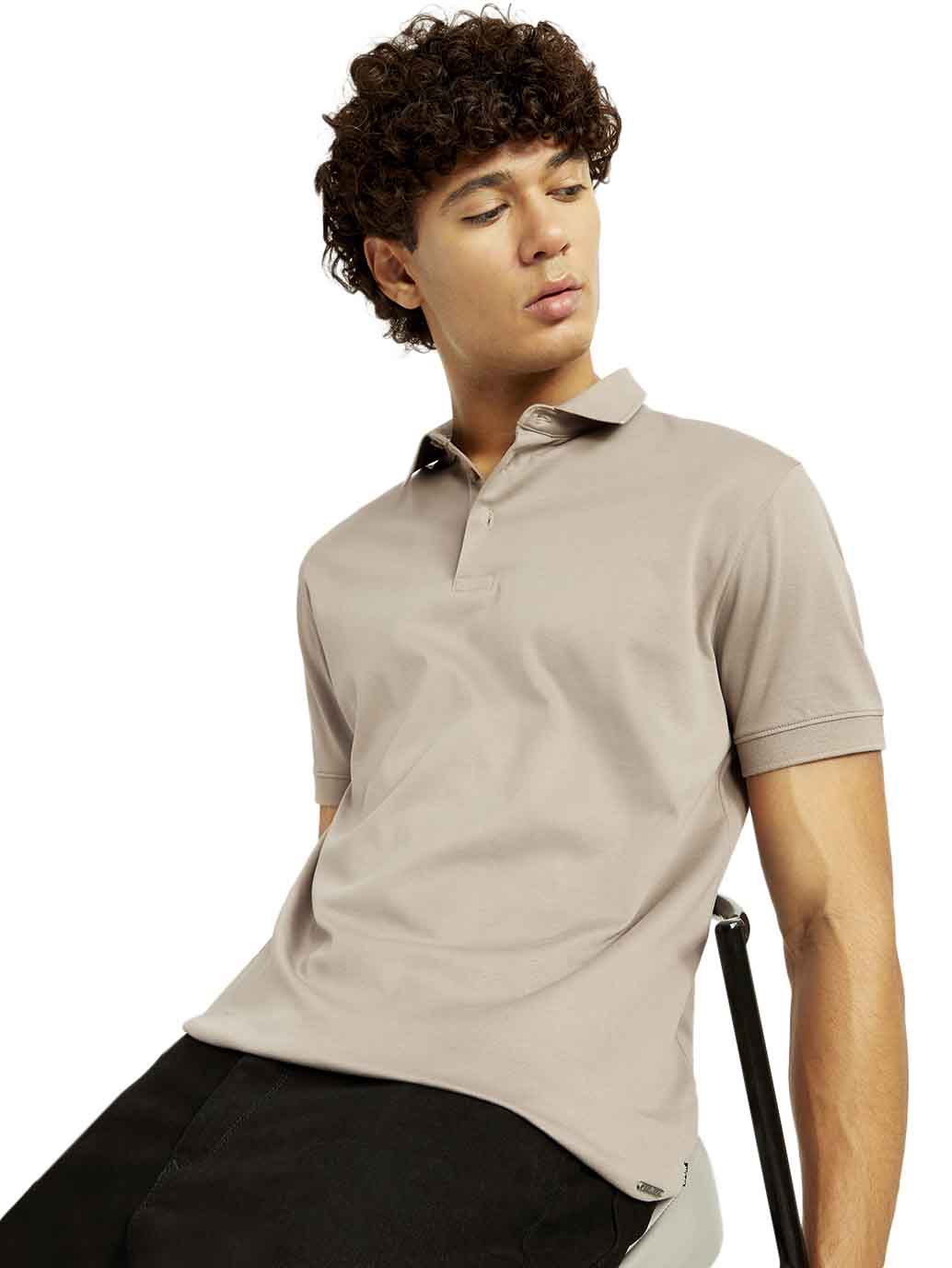Men's Solid Beige Slim Fit Polo T-shirt - Elevated View