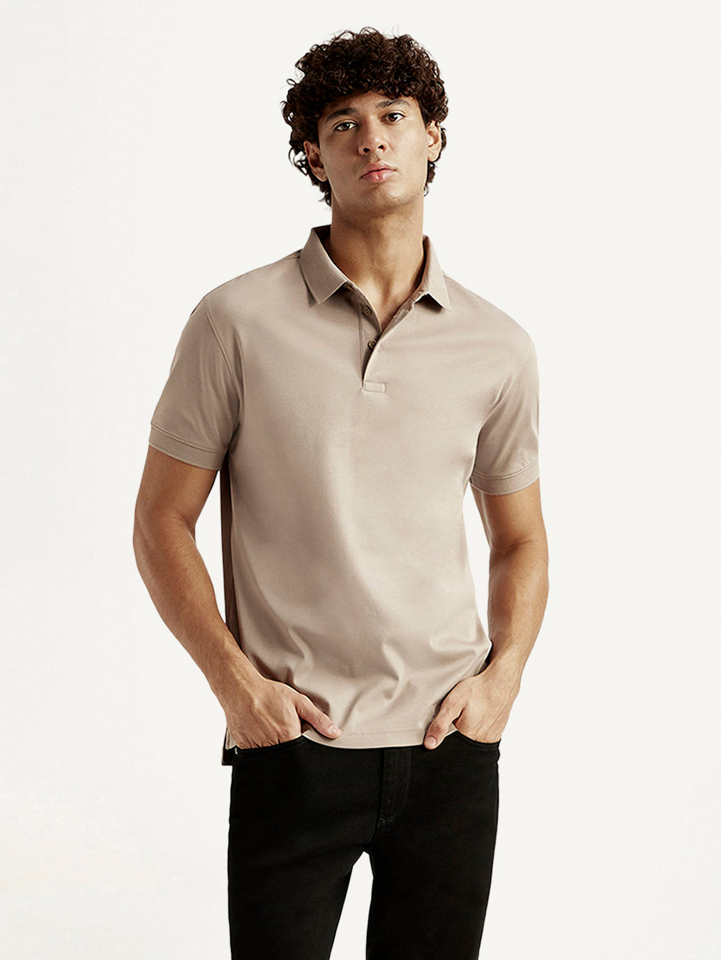 Men's Solid Beige Slim Fit Polo T-shirt - Styleshot View