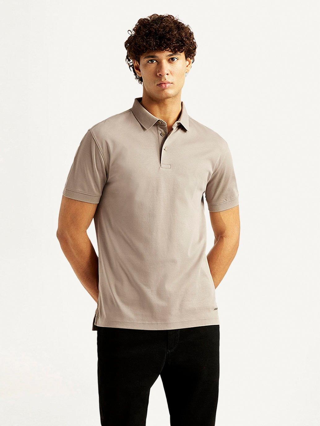 Men's Solid Beige Slim Fit Polo T-shirt - Front View