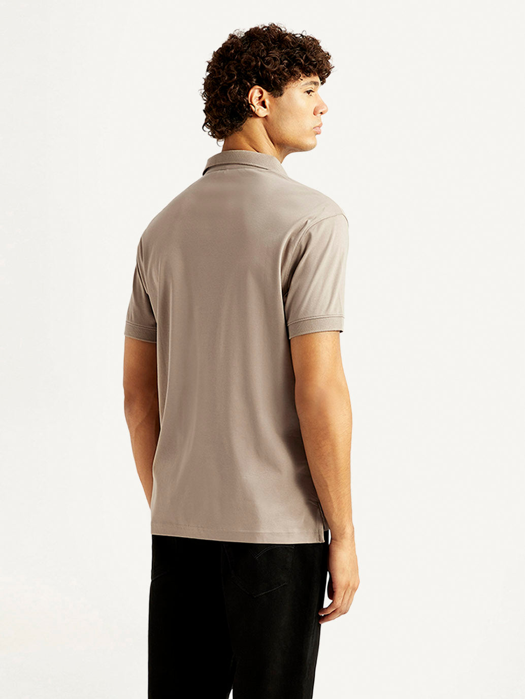 Men's Solid Beige Slim Fit Polo T-shirt - Back View