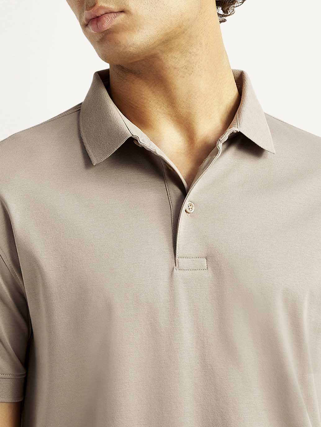 Men's Solid Beige Slim Fit Polo T-shirt - Detail View
