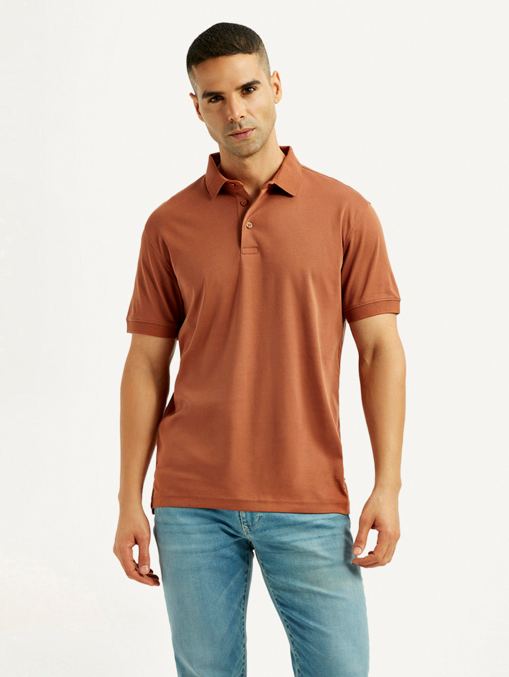 Men's Solid Rust Slim Fit Polo T-shirt - Front View