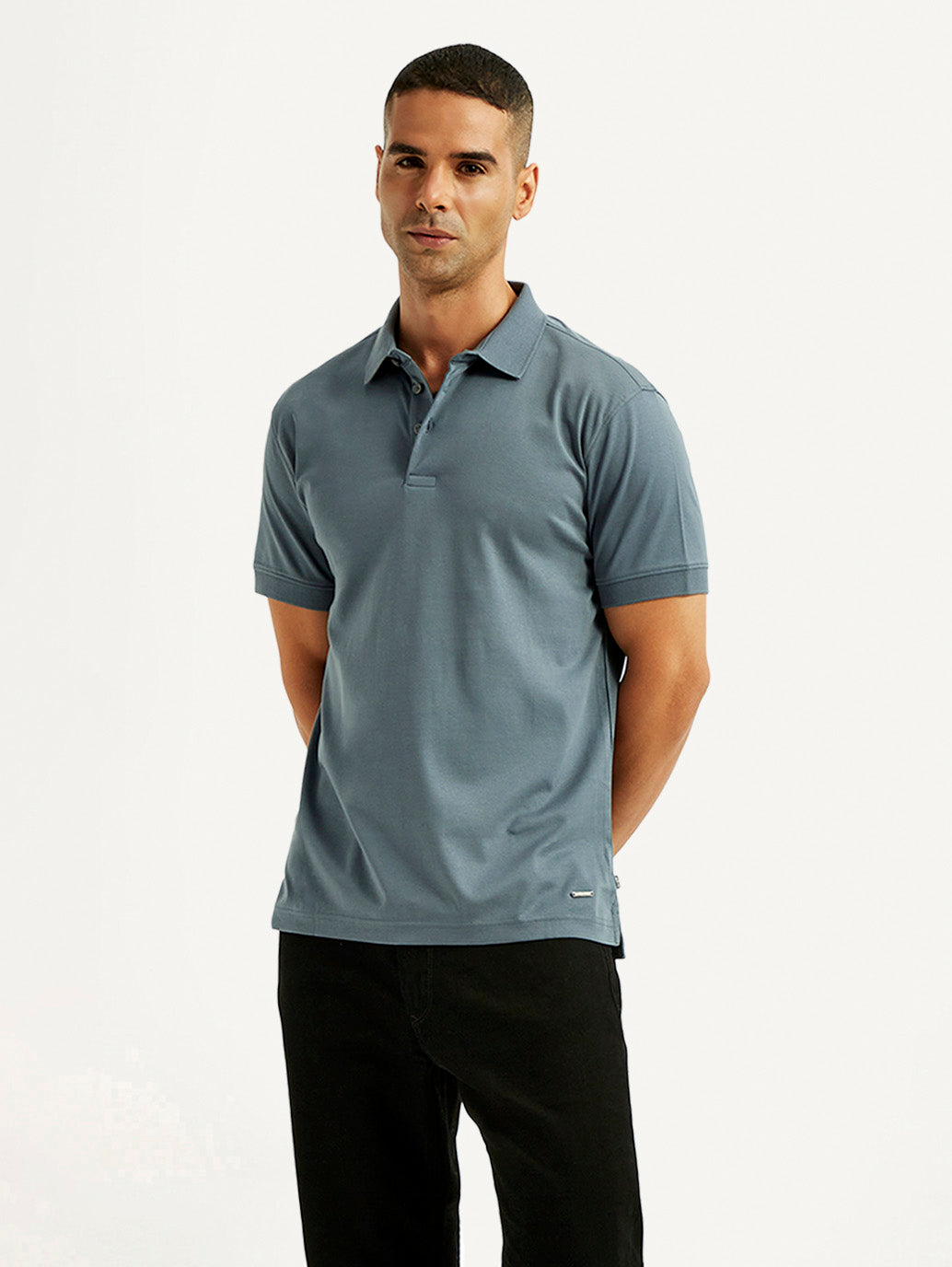 Men's Solid Blue Slim Fit Polo T-shirt - Styleshot View