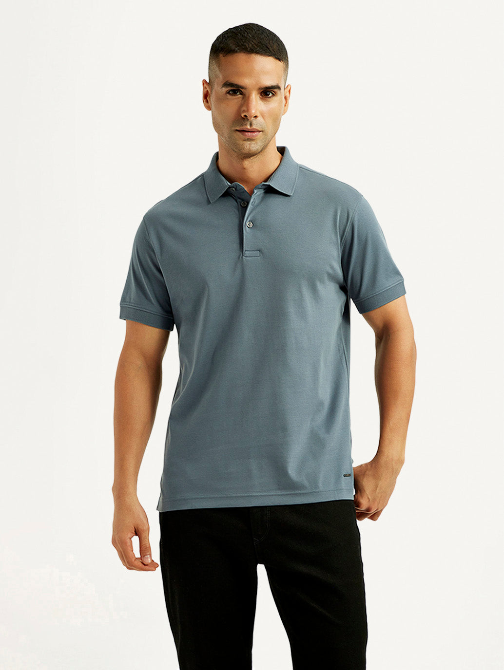 Men's Solid Blue Slim Fit Polo T-shirt - Front View