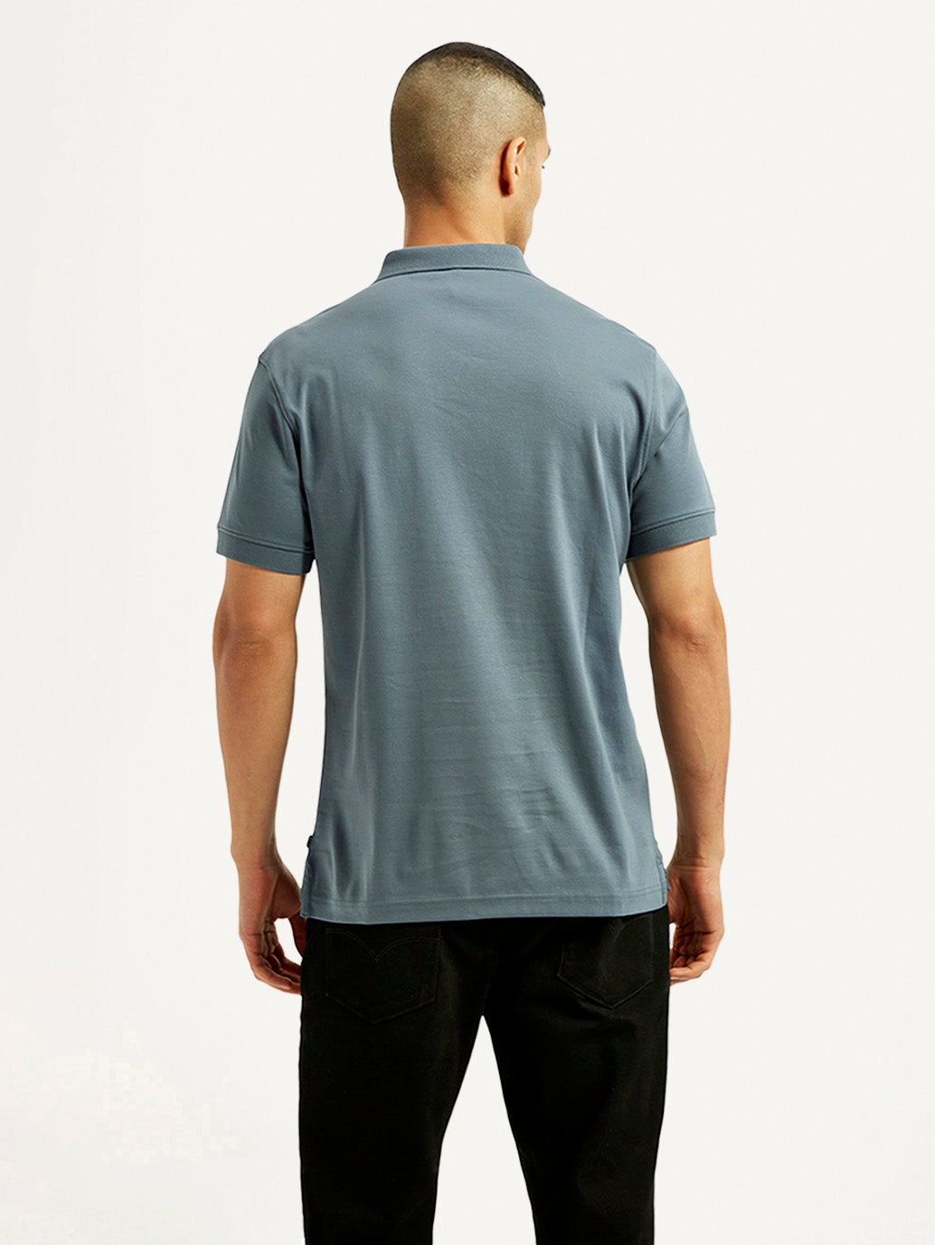 Men's Solid Blue Slim Fit Polo T-shirt - Back View
