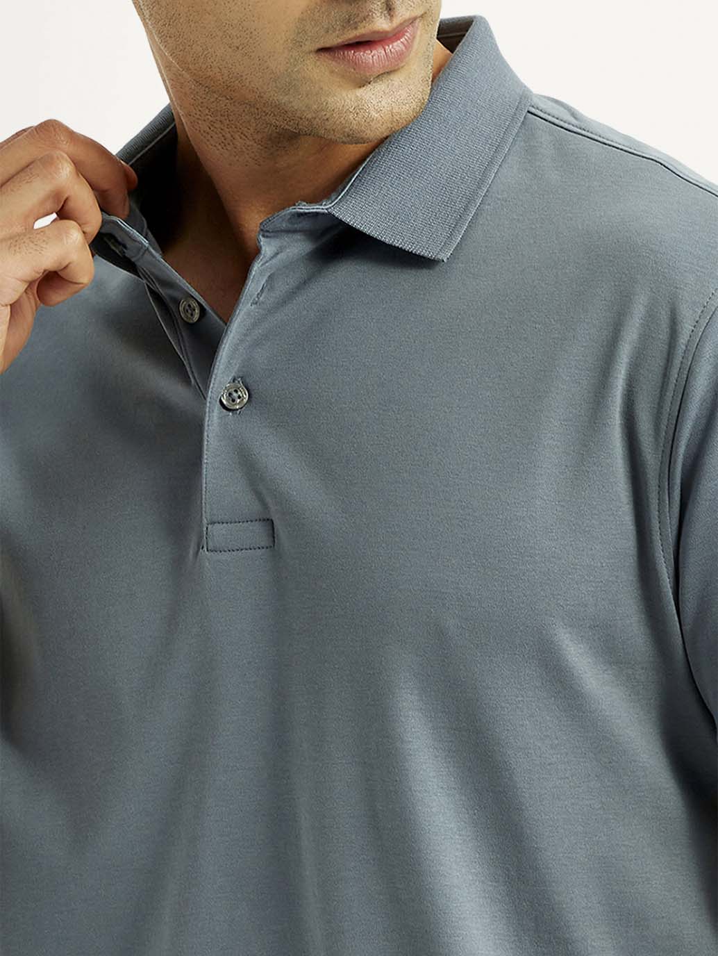 Men's Solid Blue Slim Fit Polo T-shirt - Detail View