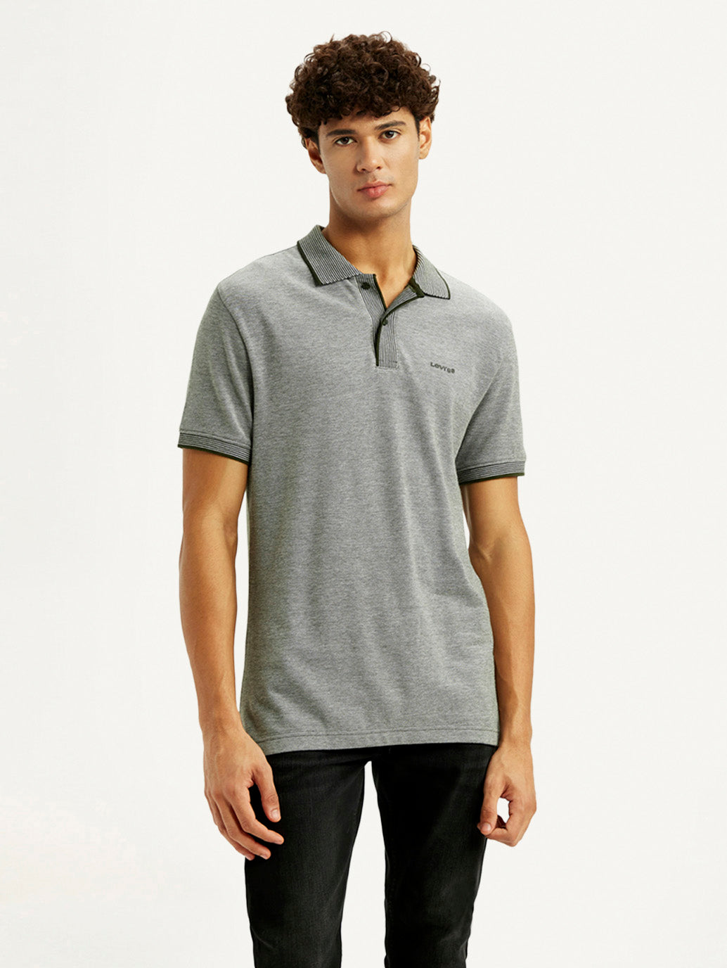 Men's Melange Grey Slim Fit Polo T-shirt - Front View