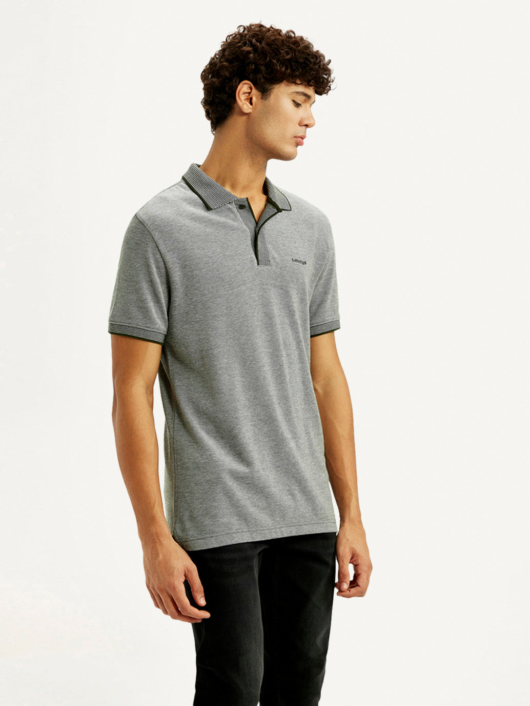 Men's Melange Grey Slim Fit Polo T-shirt - Side View