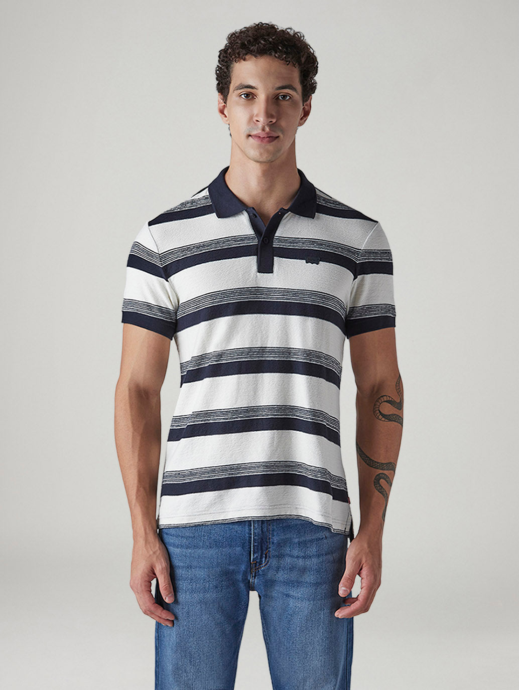 Men's Striped White Polo T-shirt - Front View