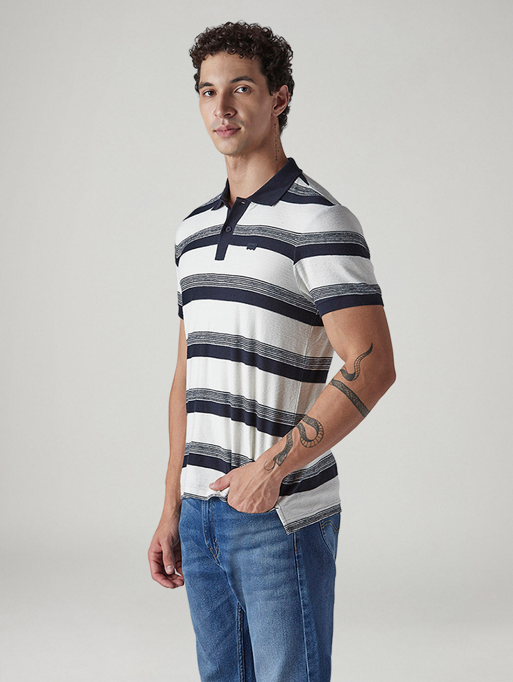 Men's Striped White Polo T-shirt - Side View