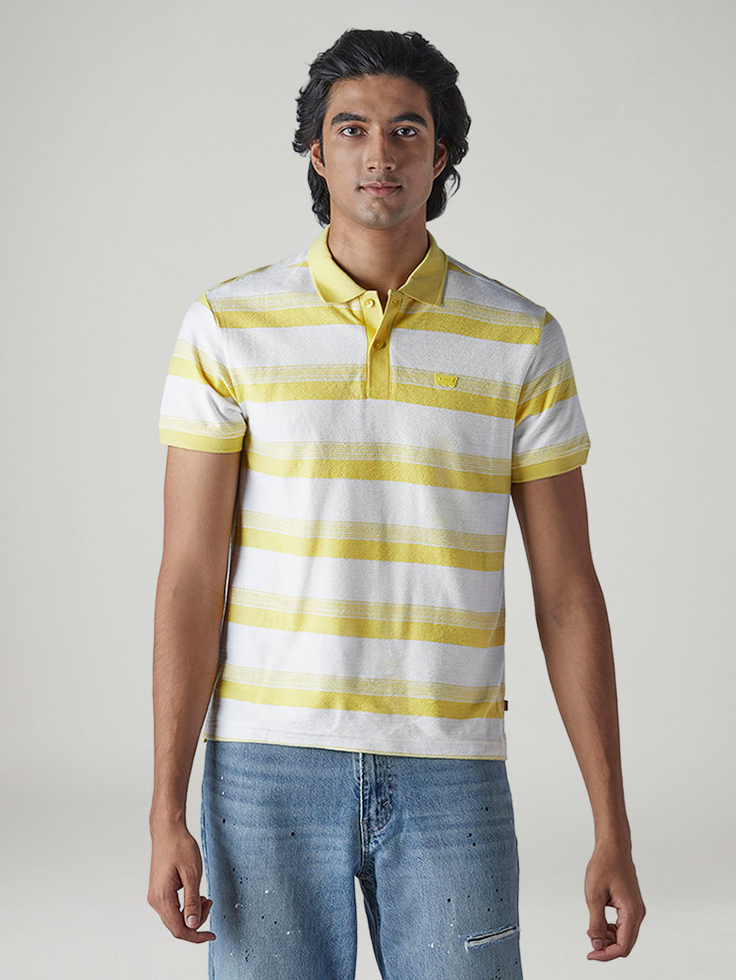 Men's Striped White Jersey Polo T-shirt - 20 View