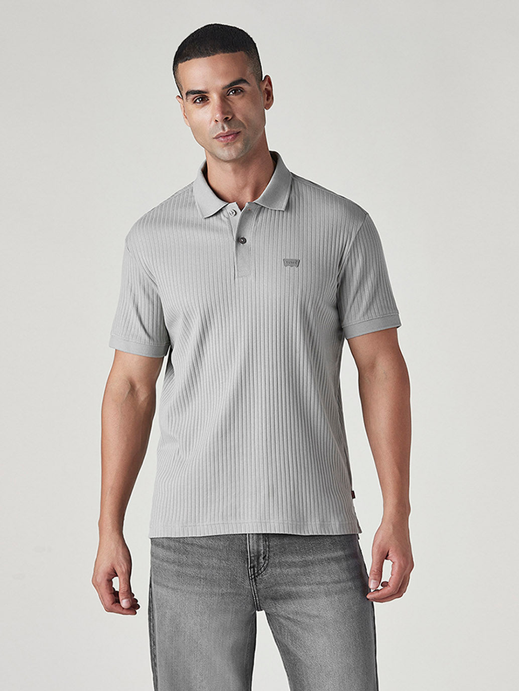 Men's Textured Grey Ribbed Polo T-shirt - Front View