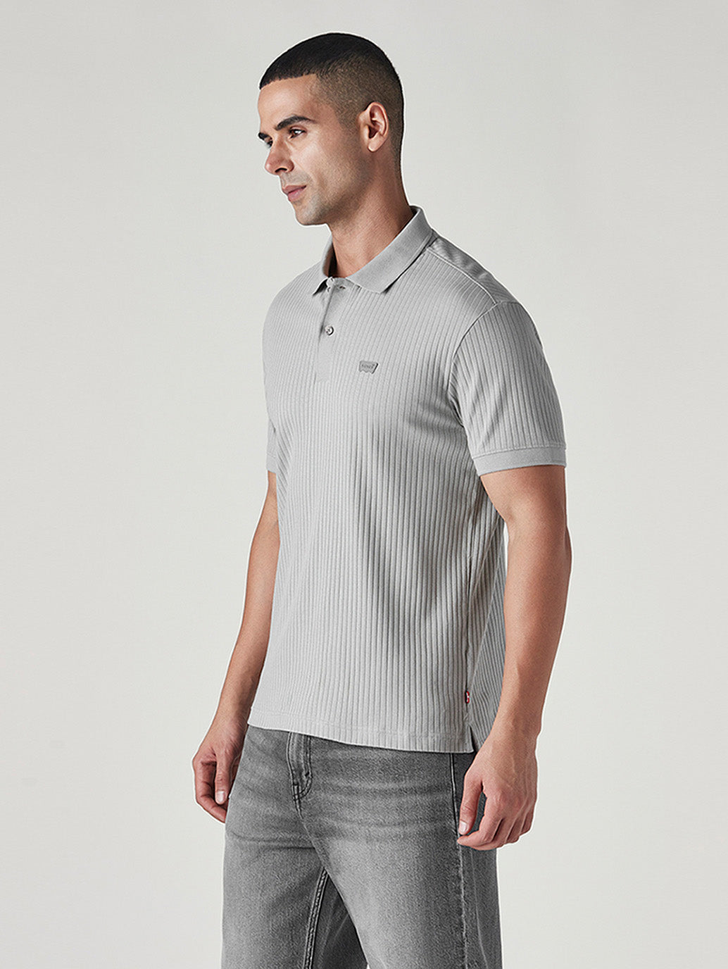Men's Textured Grey Ribbed Polo T-shirt - Side View
