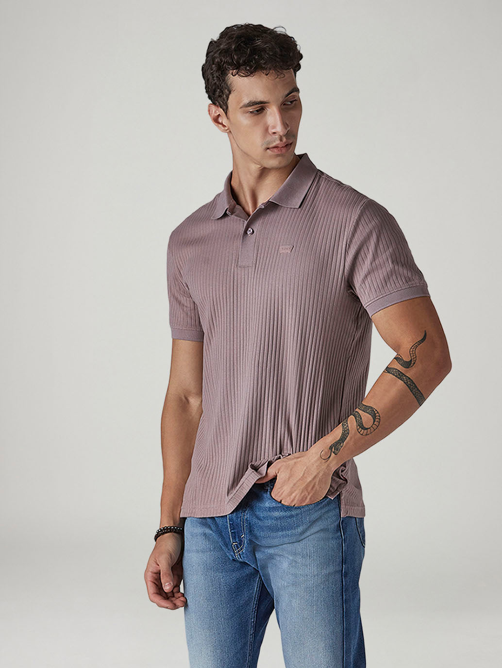 Men's Textured Mauve Ribbed Polo T shirt