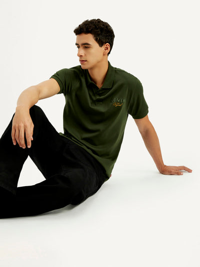 Men's Brand Logo Dark Green Slim Fit Polo T-shirt-image-2
