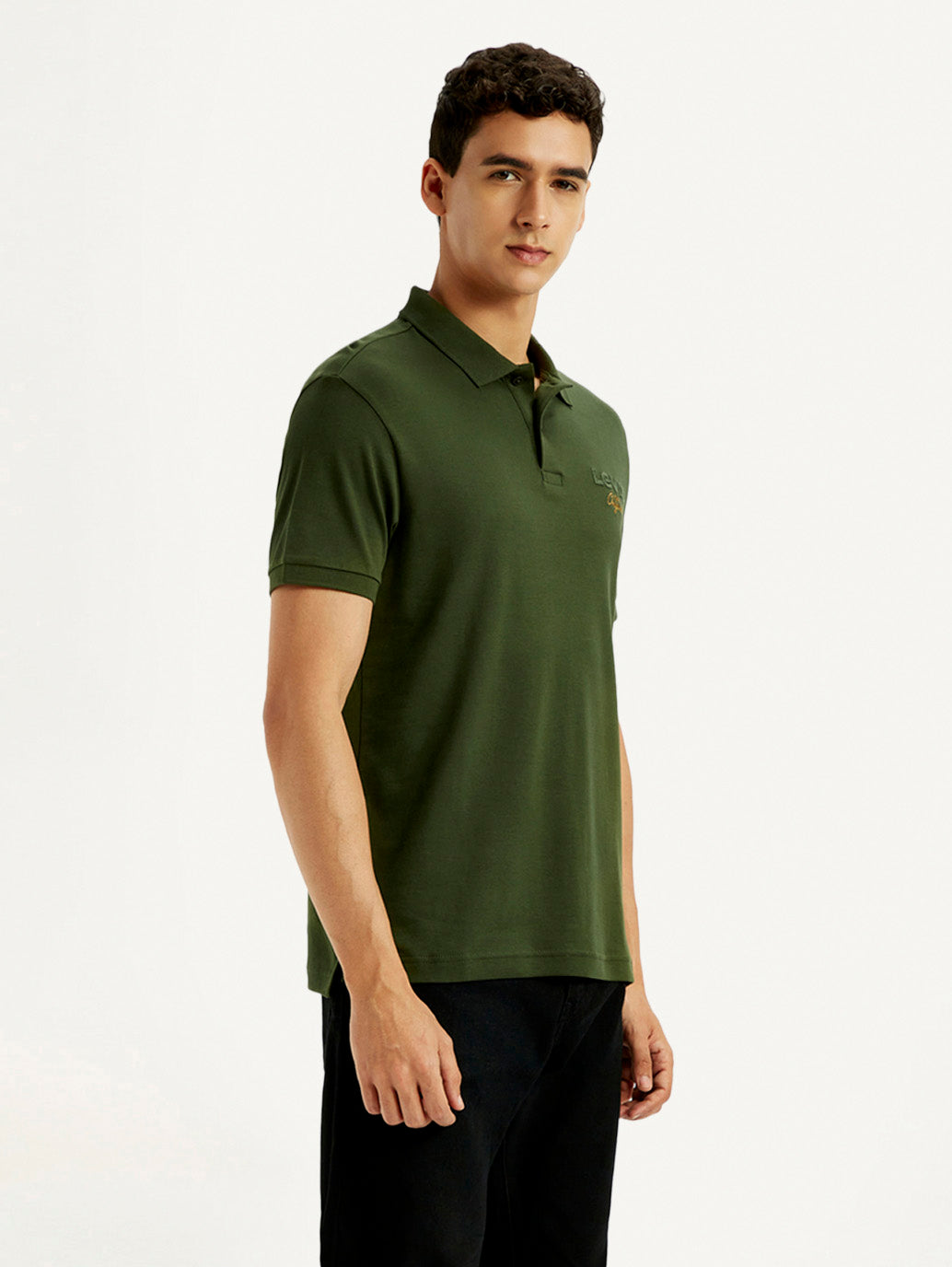 Men's Brand Logo Dark Green Slim Fit Polo T-shirt - Side View